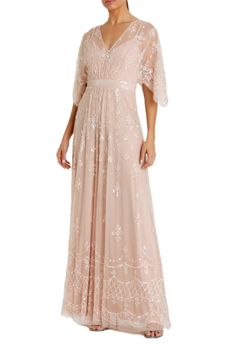 Mac Duggal Blush Pink V Neck Flounce Sleeve Embellished Mesh Gown Size 8